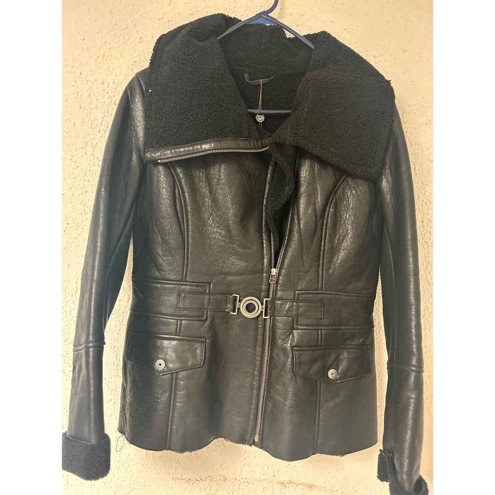 Danier Black Genuine Leather Faux Shearling Lined Jacket Small 50792